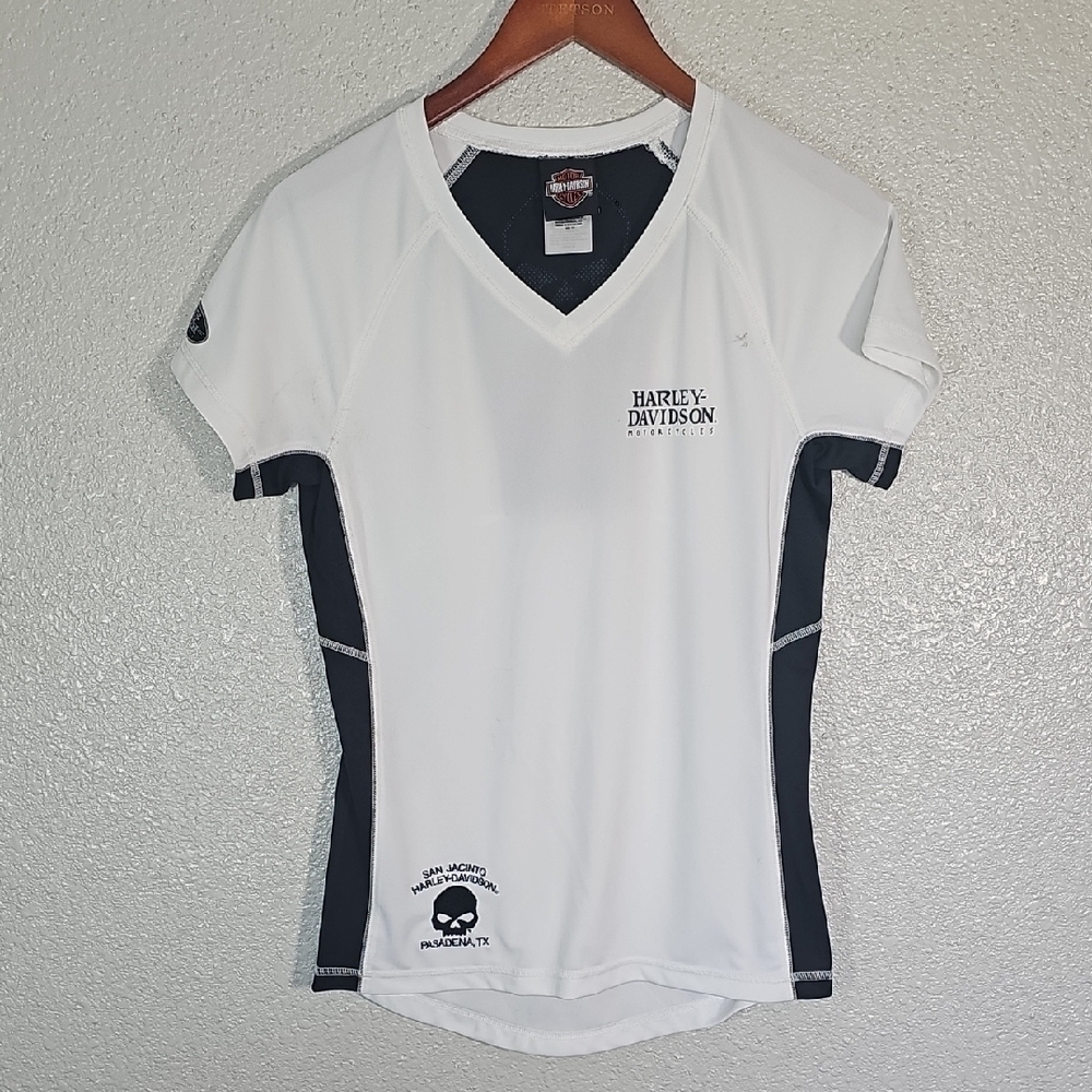 Harley-Davidson White and Black V-Neck T-Shirt.